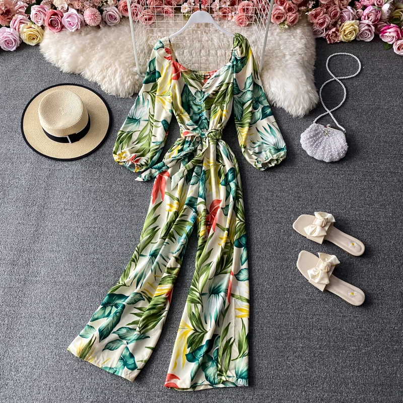 

Summer Women Casual Beach Waistband Printed Floral Playsuit Ladies Holiday Long Sleeves Wide Leg Pants Romper Overalls Jumpsuits