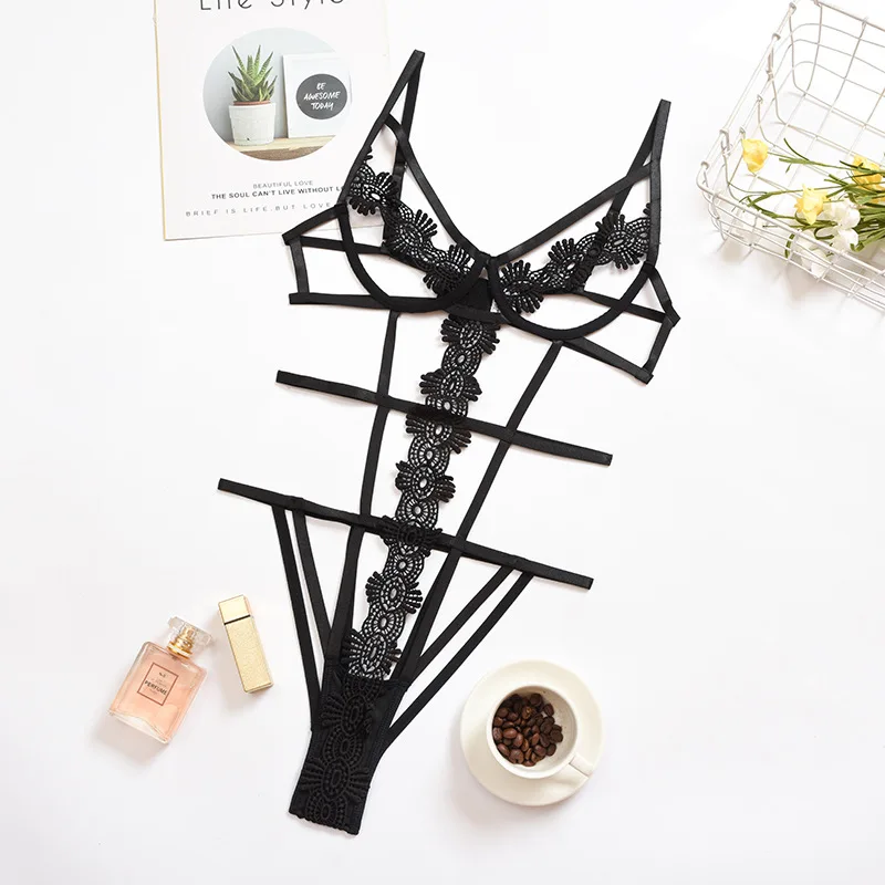 

Black Hot Sexy Strappy Bodysuits Party Club Female Body Floral Bandage Sleeveless Backless Bodysuit Thong Slim