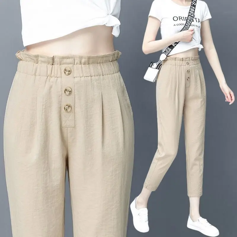 

Summer Thin Imitation Cotton Hemp pants Korean Loose Large Bud High Waist Nine Point Harlan Casual Pants D036