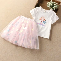 kids girls set 2022 summer fashion sequined mesh skirt t shirts print short sleeve tops baby two piece suit children clothing