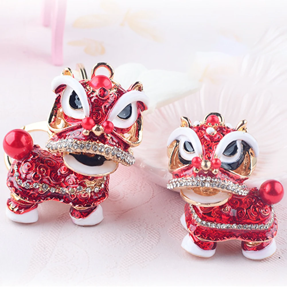 

Chinese Style Lion Dance Key Ring Alloy Key Chain Pendant Cute Lion Rhinestones Keyring dripping oil color metal pendant Gift