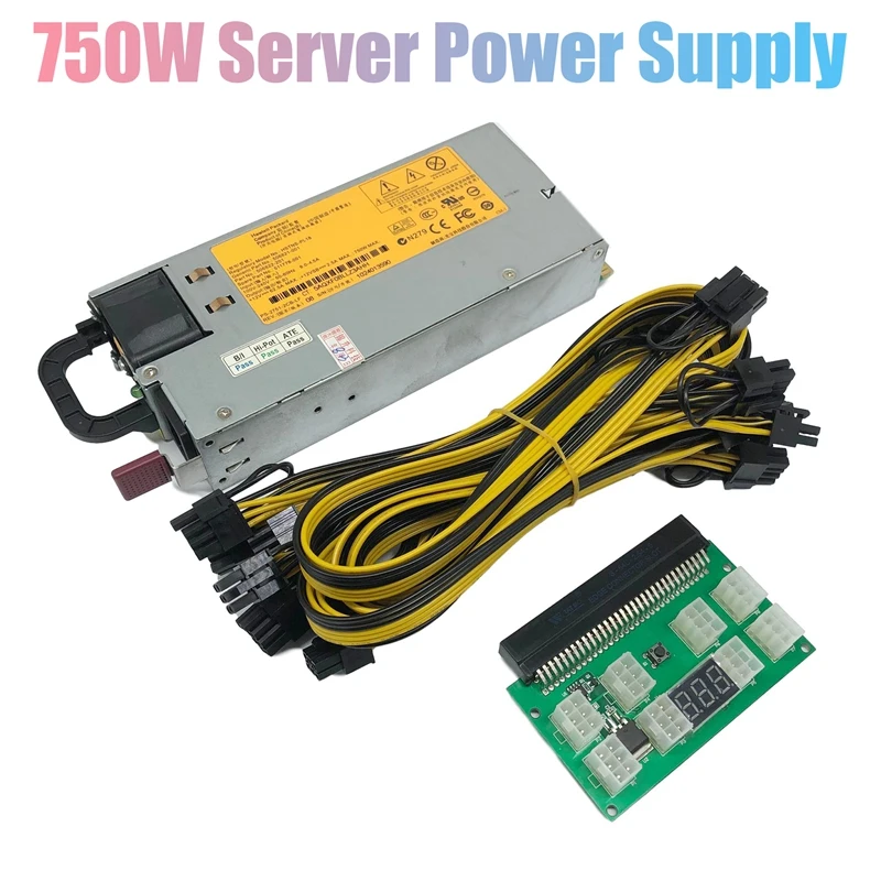 750W Server Power Supply with Breakout Board+8 x Cable for HP DL180 360 380G6 G7 511778-001 506821-001 for GPU Mining