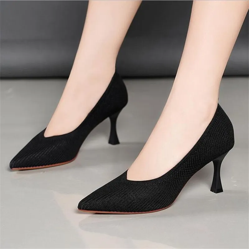 

Autumn Spring Cotton Boots Fashion Elastic Farbic Sexy Party Pumps Black Nude Women Pointed Toe High Heels Mature Shoes Size 39