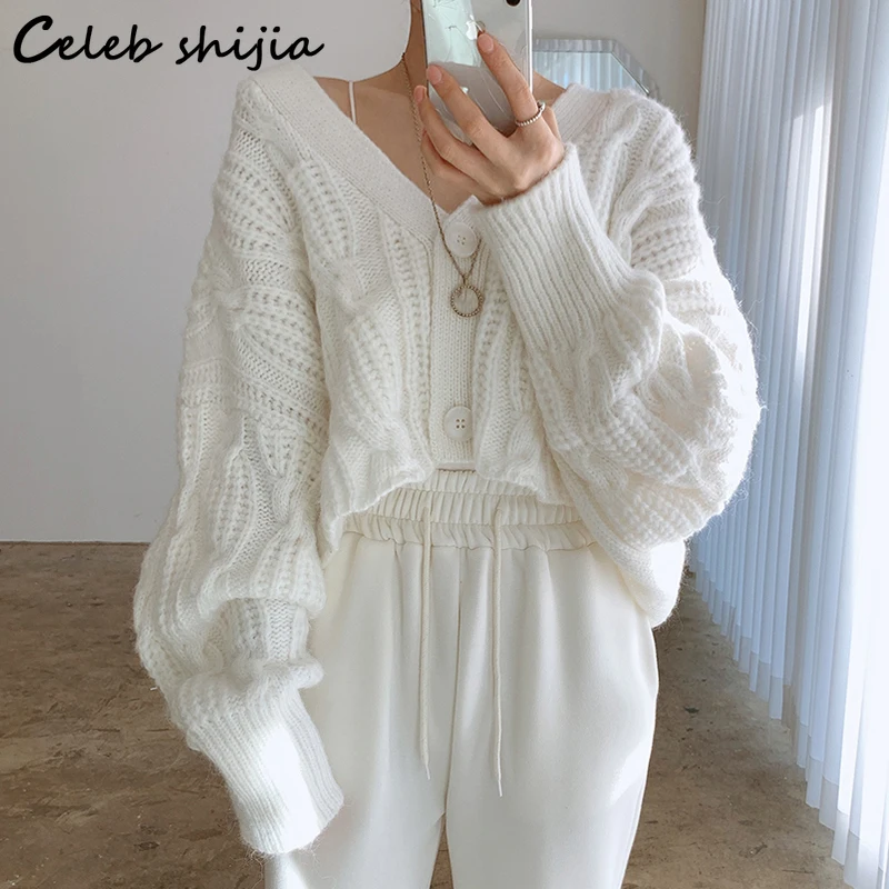 

Korean Fashion White Sweater Women Thicken Winter V-neck Single Breasted Cropped Knit Tops Female Streetwear Vintage Pullover