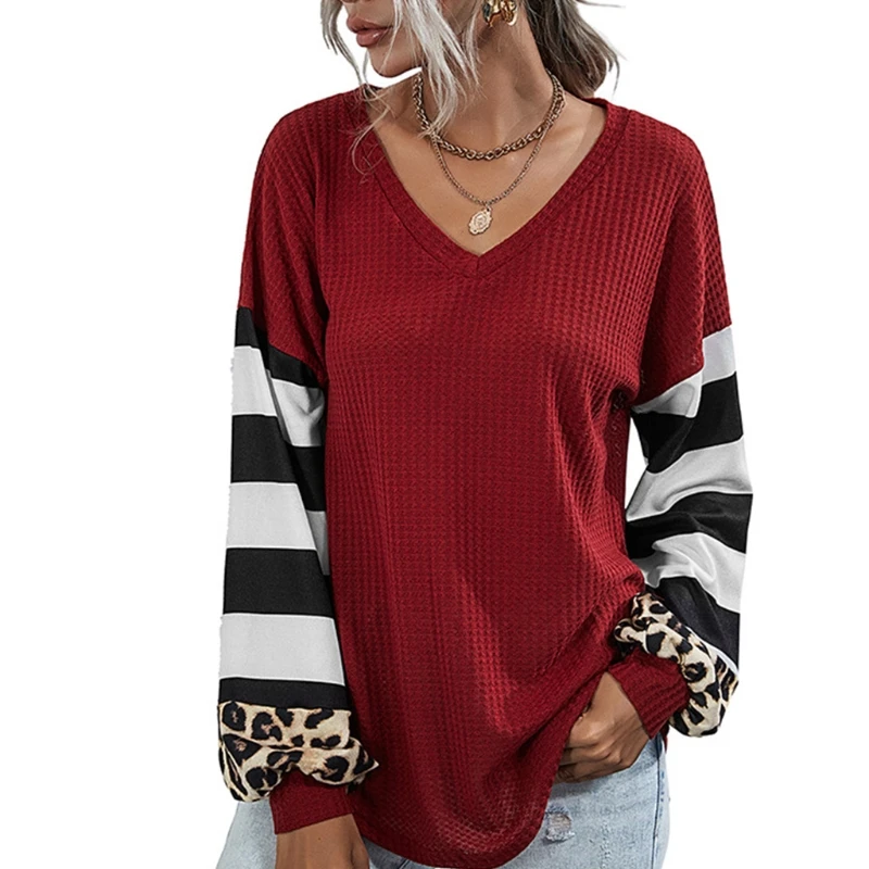 

Women Long Sleeve V-Neck Stripes Leopard Patchwork Waffle Knit Tunic Top Y1AC