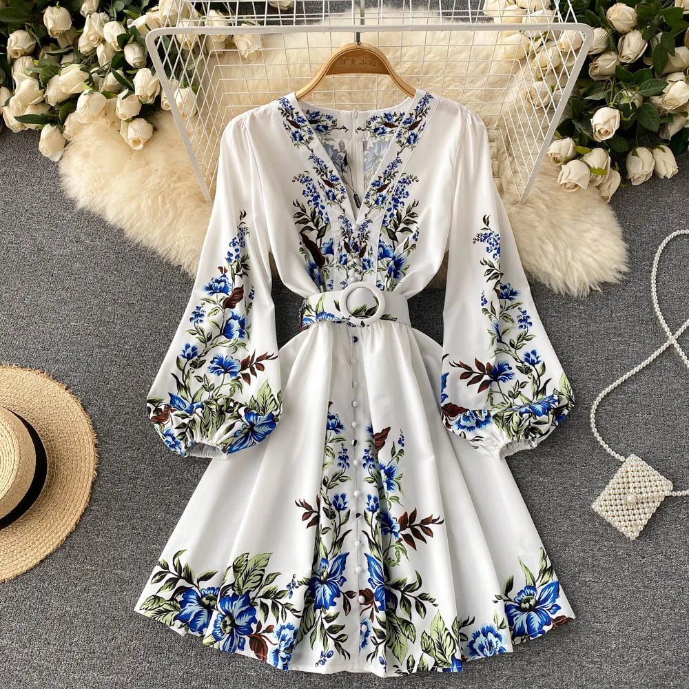 

C214 Women New Fashion Autumn V Neck Palace Print Long Sleeve Slim Short Dress Clothing Korean Vestidos De Mujer