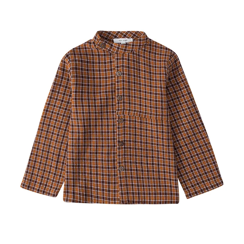 

2021 Girls and Boys Baby Plaid Middle Collar Shirt Children's Spring Retro Western Style Long Sleeve Shirt Kids Tops