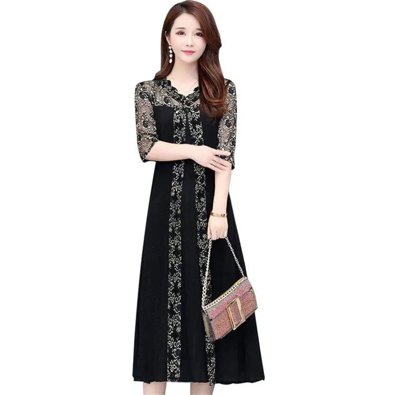 

Casual V-Neck Vintage 5XL Plus Size Woman Dress Summer Dress Lace Mash Long Party Midi Dress Elegant Maxi Loose Female Dress