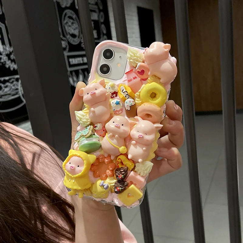 

DIY case for IPhone 12/11 pro max phone cover ip XS XR Max 3D Pig Handmade for 7/8 6s plus creamy shell customizable cute yellow