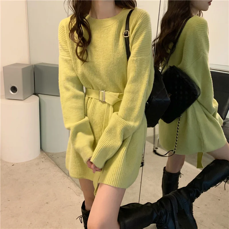 Black Waist Closing Medium Length Sweater Women's Autumn and Winter 2021 New Korean Lazy Style Loose Outer Knitted Top | Женская