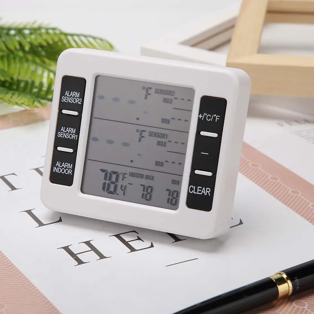 

Wireless Digital Audible Alarm Refrigerator Thermometer With 2PCS Sensor Min/Max Display Indoor Outdoor Thermometer 24H Record