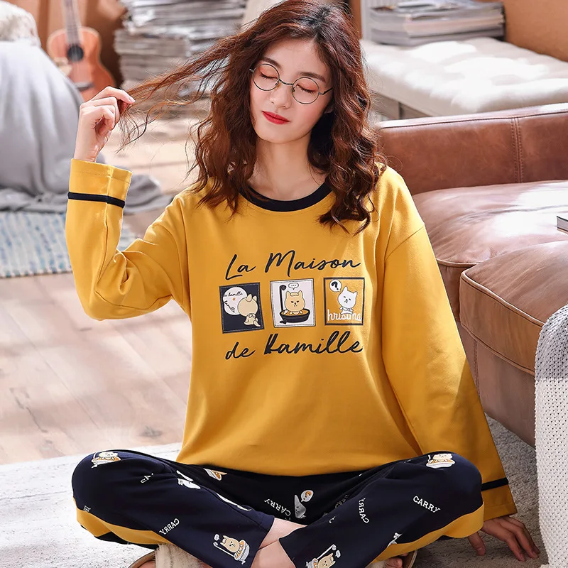 Style 2017 Пижамный комплект, Женский хлопковый весенне-осенний костюм из двух предметов с длинными рукавами, большие размеры, зимние студенческие милые брюки и топ, одежда для сна - Цвет: Style 2017