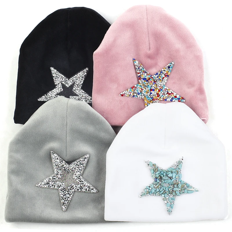 

Newborn Baby Pentagram Rhinestone Velvet Beanie Caps Girls Boys Infant Winter Warm Skullies Hats Unisex Beanies For 0-3month
