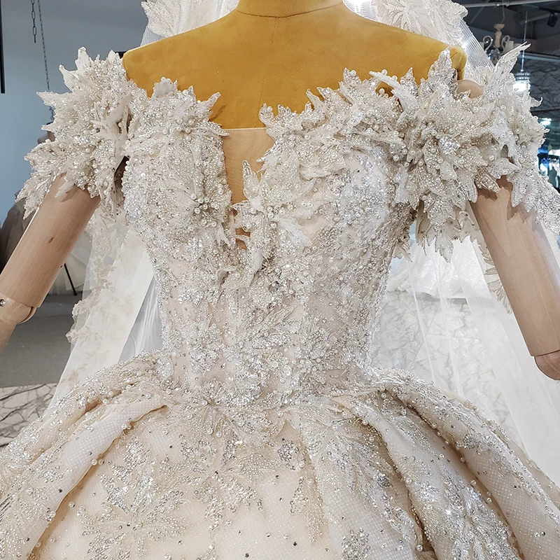 HTL2175 Champagne Bridal Wedding Dress Flower Diamond Lace Bead Shiny V-neck Backless Luxury Wedding Dress Robe De Mariée 2021