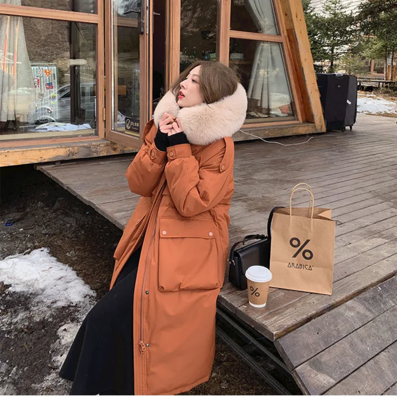 

Длинный пуховик на утином пуху с искусственным мехом и капюшоном, верхняя одежда оранжевого цвета, женские топы, зимняя шапка, женские пальто, воротник из искусственного меха, винтажный Kawaii