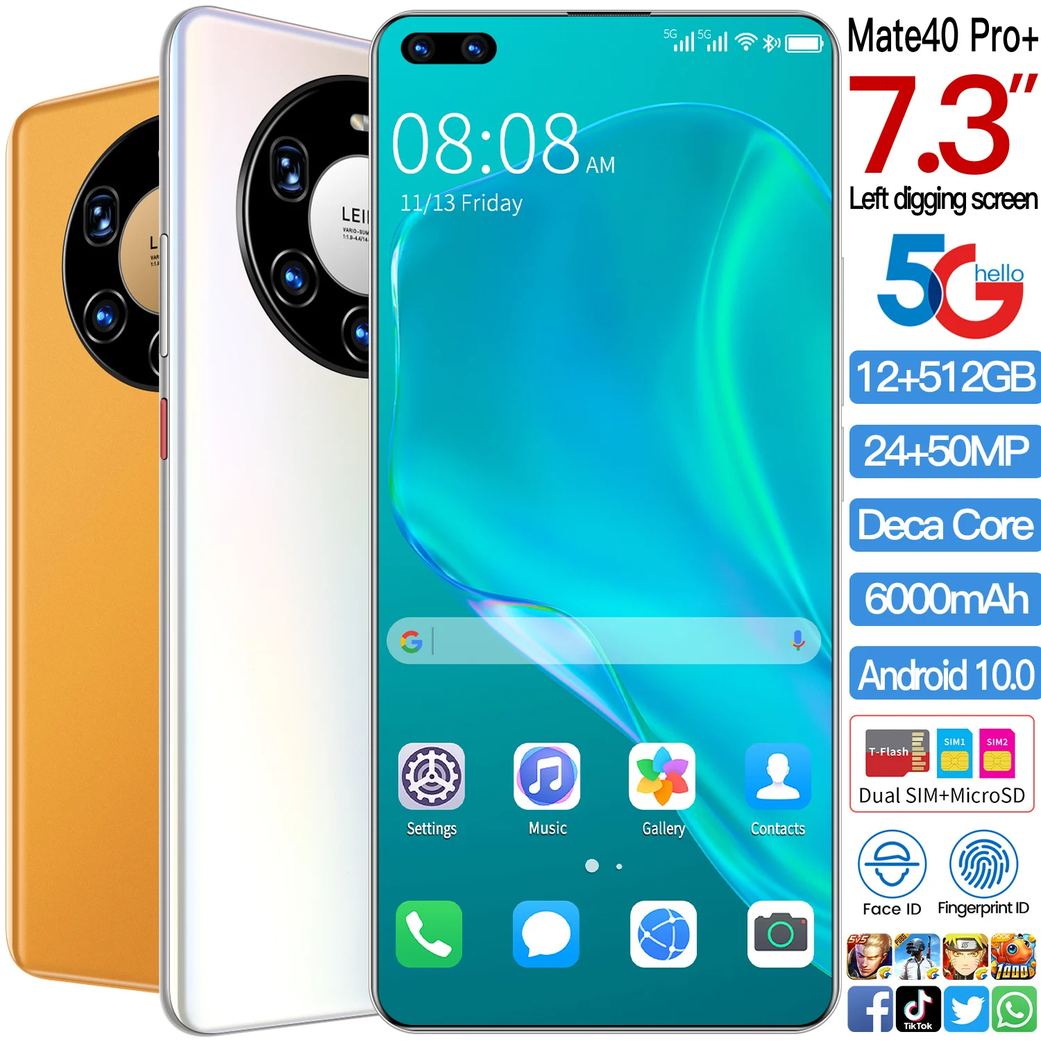 

Hot Sell 7.3” Mate40 Pro+ Cellphone 5G LTE MTK6889 Face ID 6000mAh 12GB RAM 512GB ROM Dual SIM Global Version Smartphones Hauwe