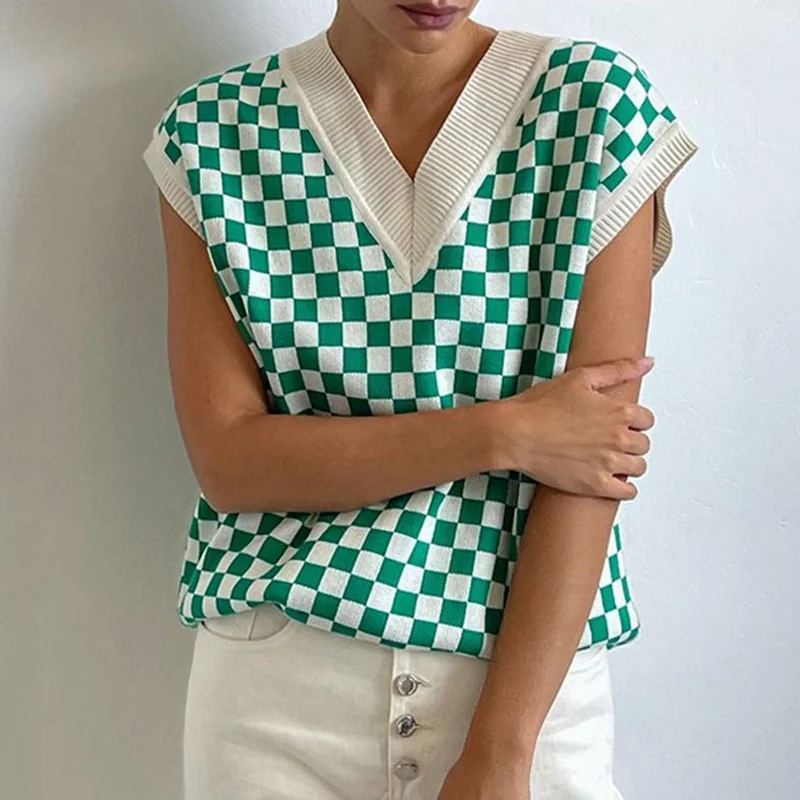 

Laamei Y2k клетчатый свитер, жилет с винтажным принтом 90-х осенний Топ, Женский вязаный мини-жилет, Повседневная Уличная одежда в стиле Харадзюку...