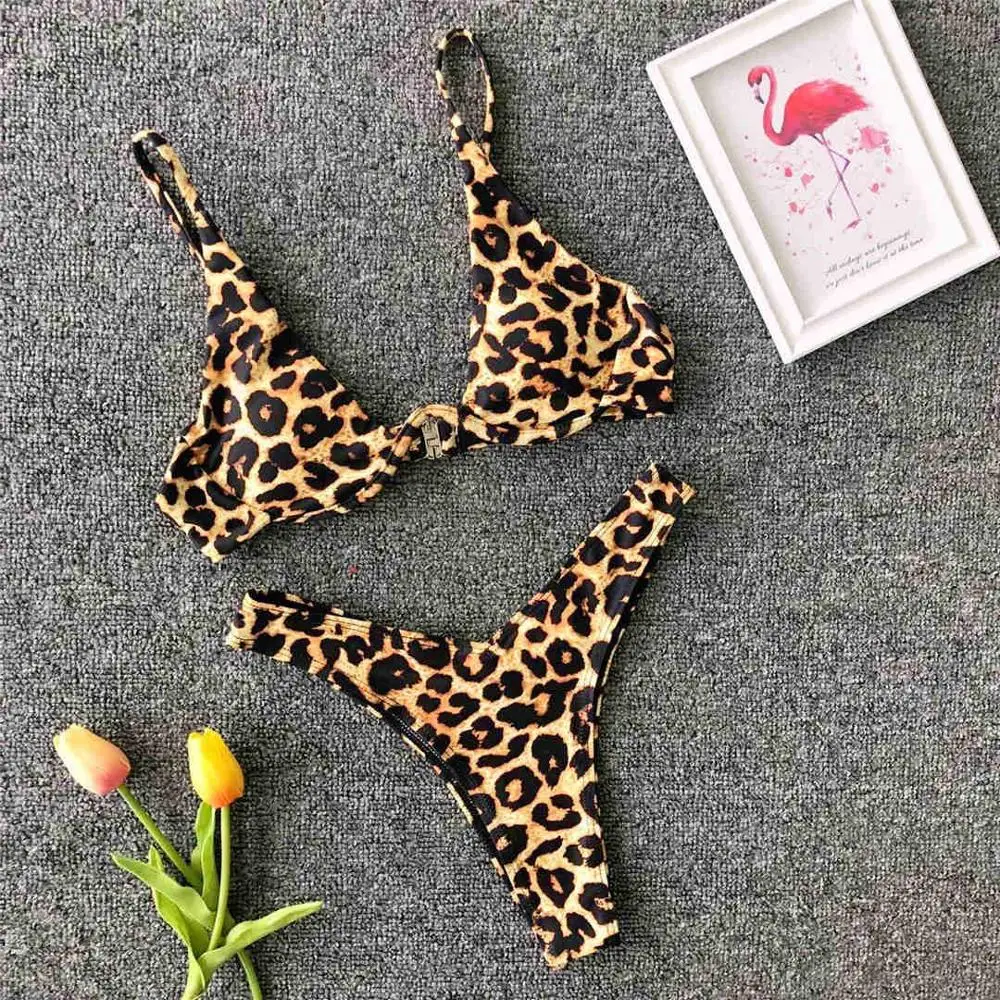 Leopard Сексуальный V-bar бикини на косточках женский купальник Женская одежда для плавания комплект бикини из двух частей V образная проволока купальный костюм V439 - Цвет: Leopard