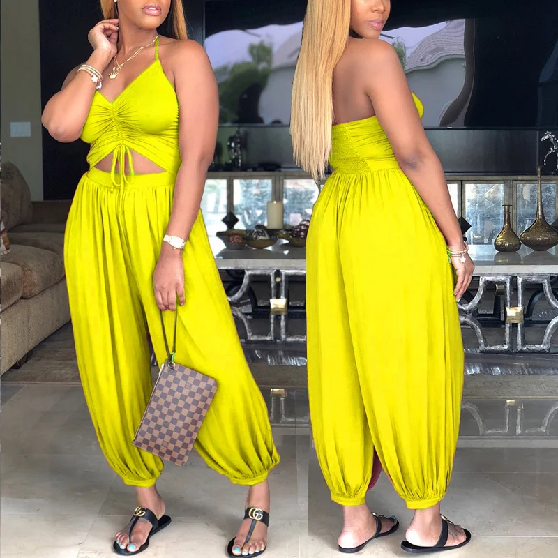 

2021 New Fashion Women Casual Jumpsuits Solid Color Halter Deep V neck Drawstring Loose Leg Jumpsuit Romper