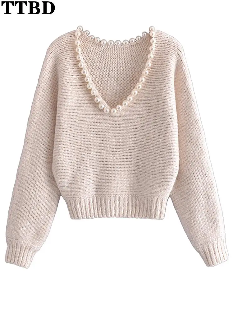 

Женский укороченный свитер TTBD, однотонный вязаный пуловер с искусственным жемчугом и v-образным вырезом, Осень-зима 2022