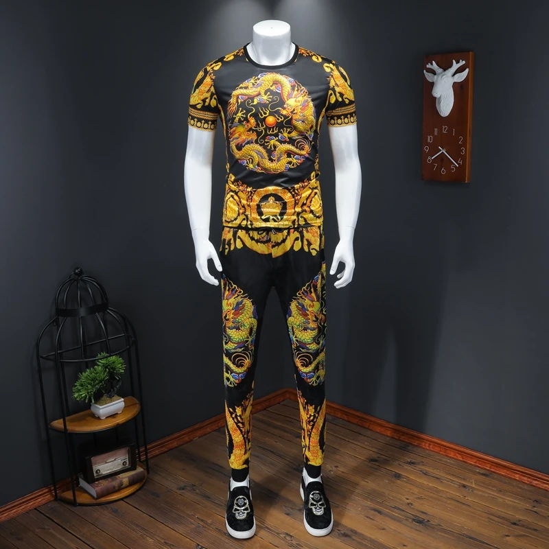 

Factory sales of 2021 summer new dragon print short-sleeved suit men's trousers Qiantang Slim plus size T-shirt trendy for men