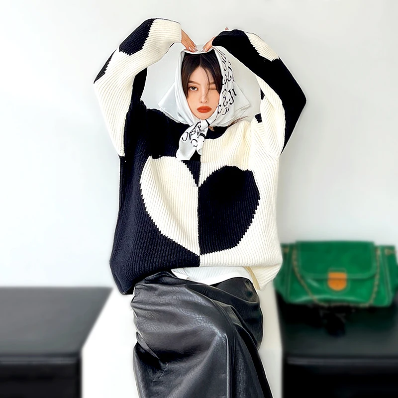 

Женский свитер оверсайз, новинка сезона осень-зима 2021, модная черно-белая свободная повседневная женская одежда, пуловер, вязаная одежда SL067