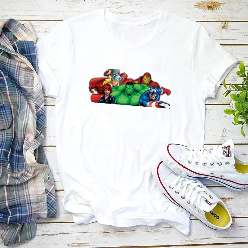 

Fashion Disney MARVEL Women T-Shirts Casual Short Sleeve Summer White Streetwear Top New Harajuku The Avengers Print Ladies Tees