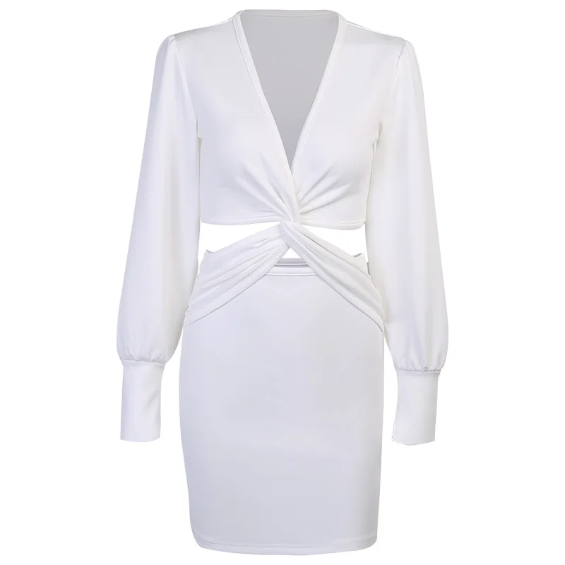 

Beyouare Elegant Women Dress Sexy Hollow Out V Neck Ruched Long Sleeve Black White Slim Mini Dresses 2021 Autumn Korean Fashion