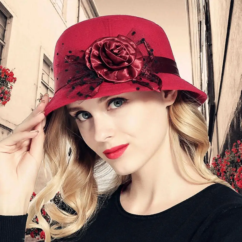 

Bucket Cap Ladies Flower Church Women Bowler Hat Cloche Hat Fashion Hats Women's Warm Felt Woolen Retro F1M9