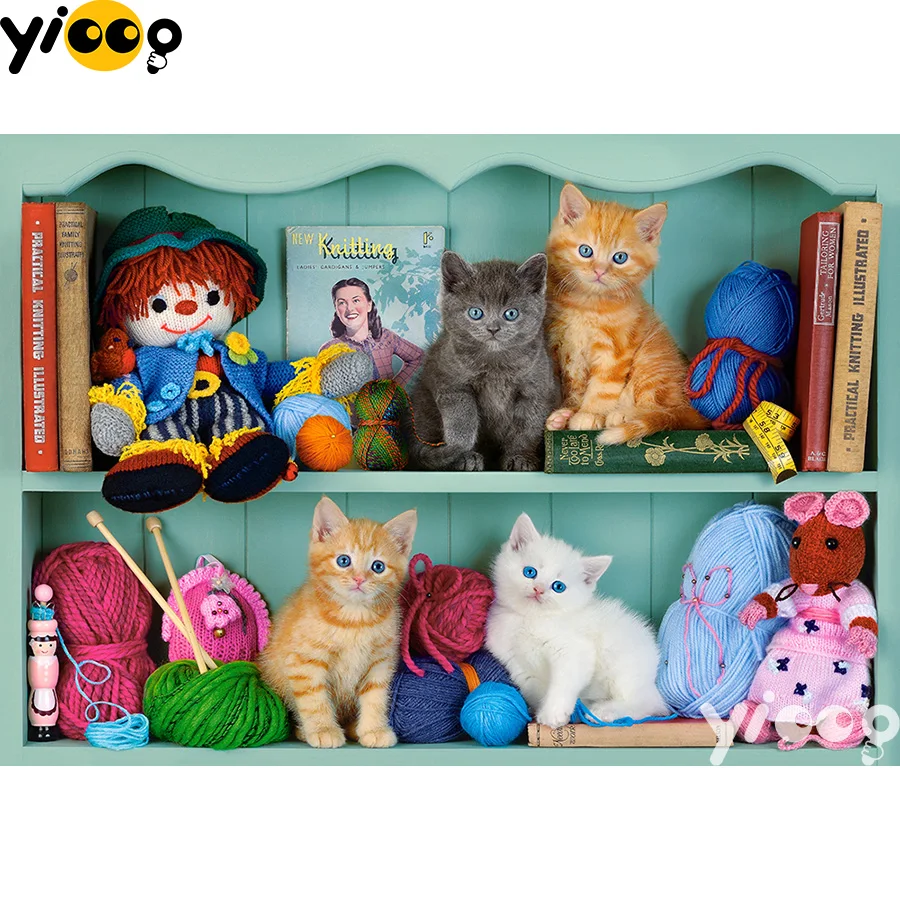 Полная квадратная/круглая Алмазная Картина кошки на книжном шкафу 5D Сделай Сам