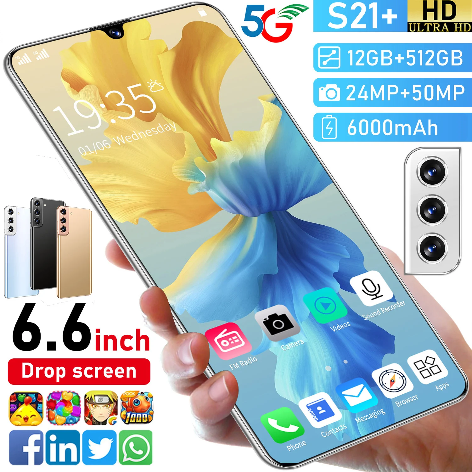 

Global Version Galxy S21+ 12+512GB 10 Core 6000MAH 5G LTE 2021 New Mobile Cellphones 6.6 Inch MTK6889 Face ID Dual SIM Card