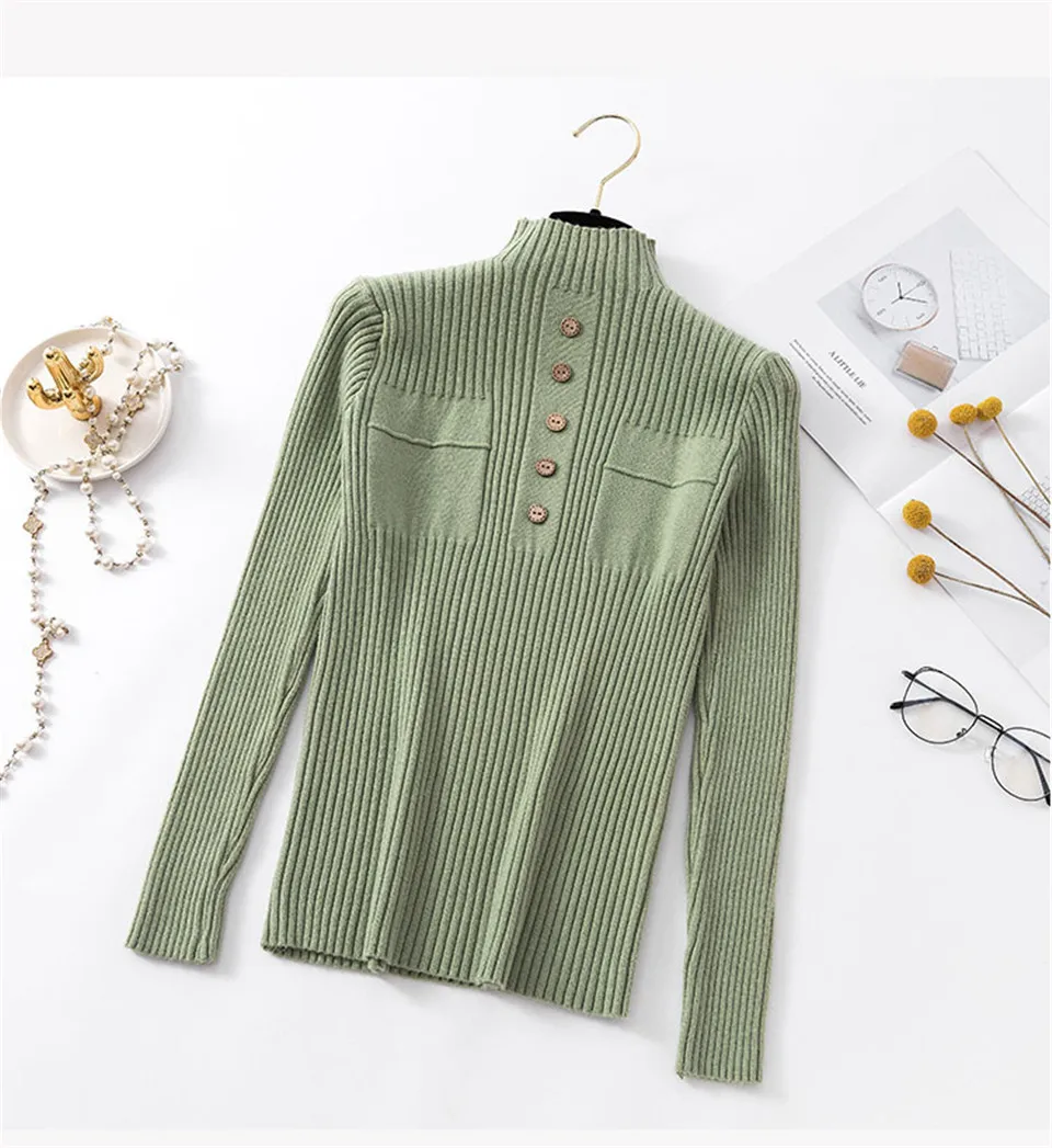 Женский свитер кофта женская водолазка кардиган пуловер свитера вязаный одежда осень осень белый теплый лонгслив мягкий винтажный с воротником толстый модный водолазка тонкая harajuku год эластичность блузки - Цвет: Зеленый
