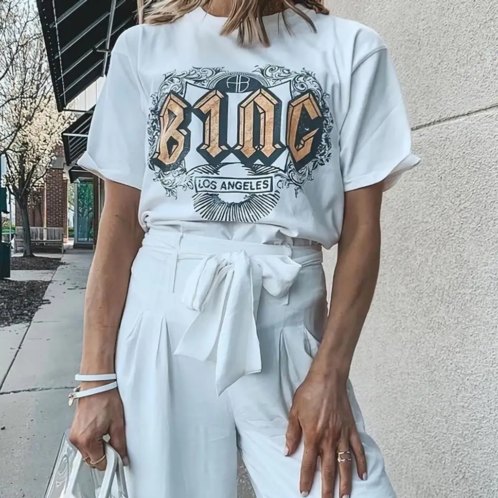 

Женская хлопковая футболка с коротким рукавом, круглым вырезом и принтом чернил