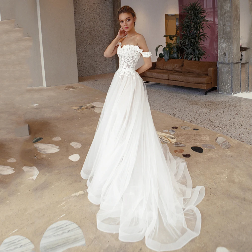 

Eightale A-Line Sweethear Tulle Wedding Dress Off The Shoulder Appliques Buttons Sweep Train Bridal Gowns 2021 Vestido De Noiva