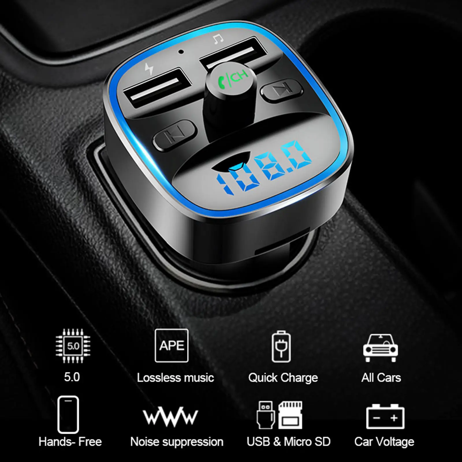 

Автомобильный MP3-плеер, приемник Bluetooth 5,0, FM-передатчик, автомобильное зарядное устройство с двумя USB-портами, поддержка U-диска, TF-карты, аксес...