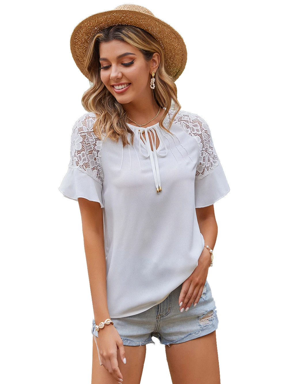 

Women's Lace Short Sleeve T-Shirt Women's Loose Round Neck Solid Color Pullover