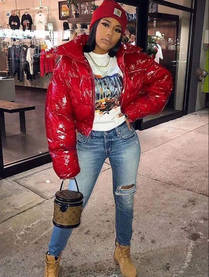 

Ursuper Women's Clothing New Glossy Pu Stand-up Collar down Jacket Cotton-Padded Jacket Puffer Jacket Coat Fur Collar Jacket