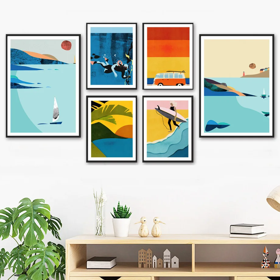 

Abstract Landscape Nordic Poster Travel surf Diving Palm Leaf Wall Art Print Canvas Painting Wall Pictures For Living Room Decor