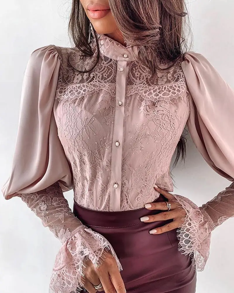

Women Lace Patchwork Puff Sleeve Buttoned Blouse