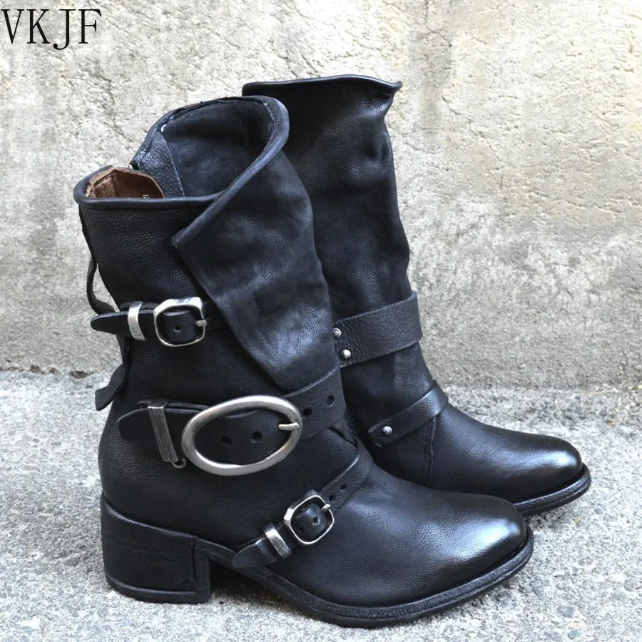 

New Women Buckle Mid-Calf Boots Female Low Square Heel Boots 2021 Women Fall Winter Pu Flat Shoes Black Big Size 43