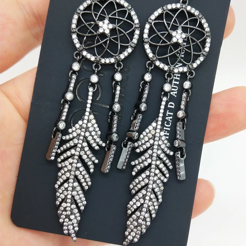 

Exaggerated Zircon Luxury Designr Earrings Feather India Tassel Long Vintage Ethnic Earrings Party Zk30