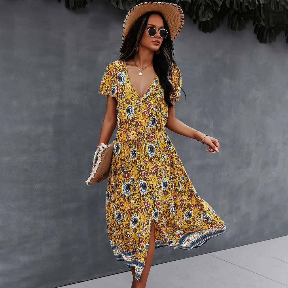 

GXDS Summer Dress for Women Colorful Floral V-Neck Viscose Female Clothes Elegant Fashion Outfits Printing Long Dresses 2021