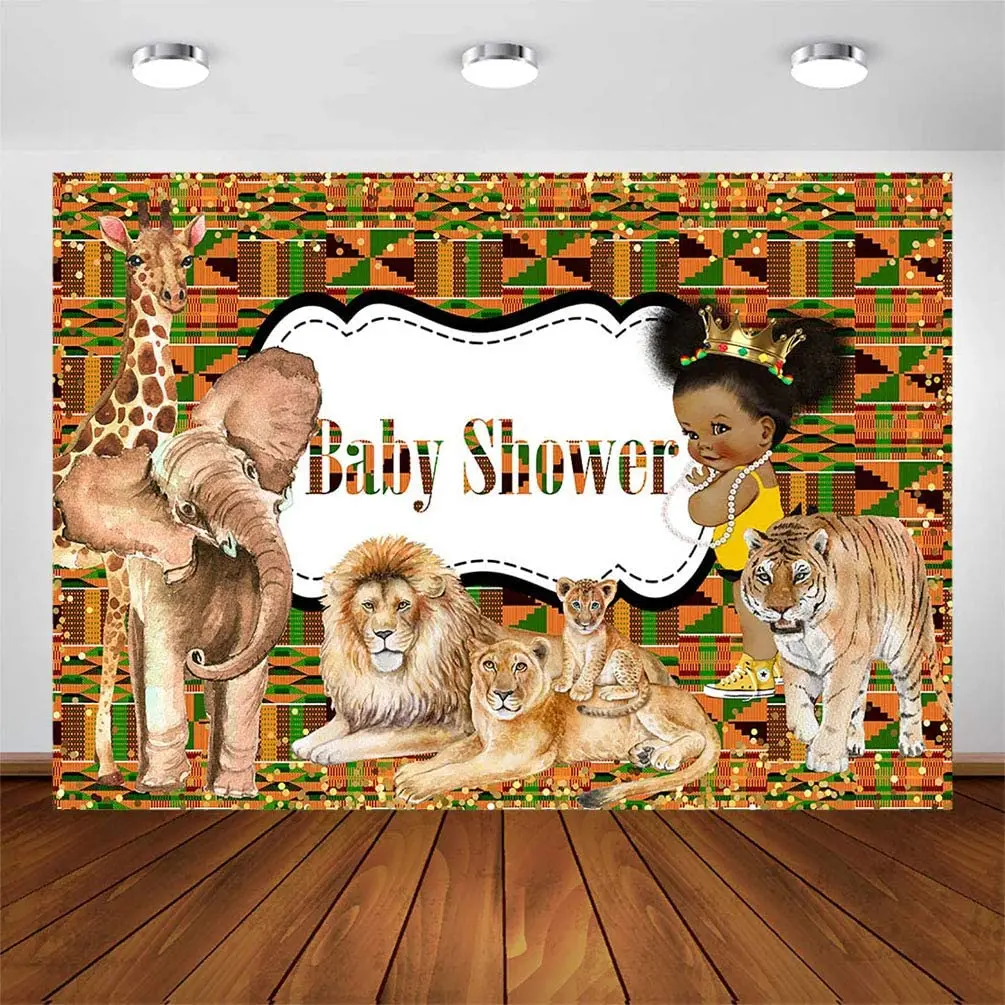 Enlarge African Princess Baby Shower Backdrop Jungle Safari Animals Lion Tiger Elephant Wild Baby Girl Baby Shower Decoration Background