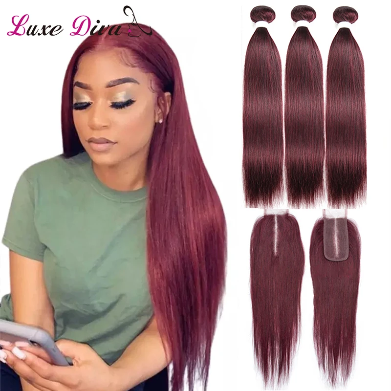 Red 99J Bundles With Closure Straight Hair Weaes With Lace Closure 4x2 Peruvian Human Hair Extensions 99J #2 #4 Light Brown Remy
