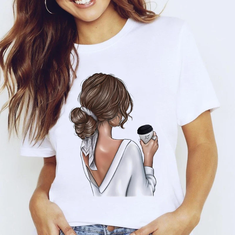 

Women Graphic Coffee Sweet Girl Cartoon Short Sleeve Spring Summer Lady Clothes Tops Clothing Tees Print Female Tshirt T-Shirt