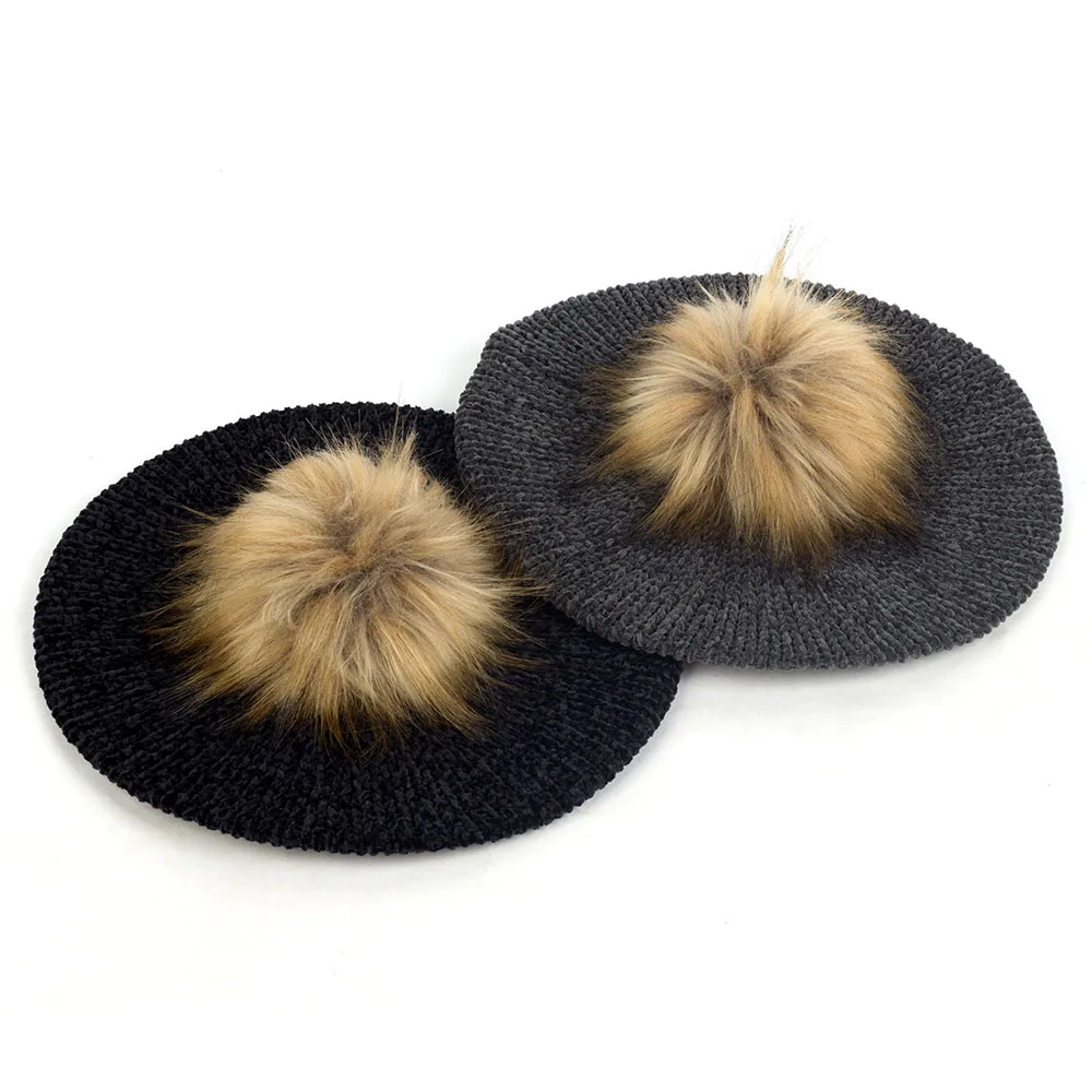 Женские Модные береты с помпон из искуственного меха Pom Chenille мягкие зимние теплые шапки женские французские художники берет шапки для волос Повседневная шапка