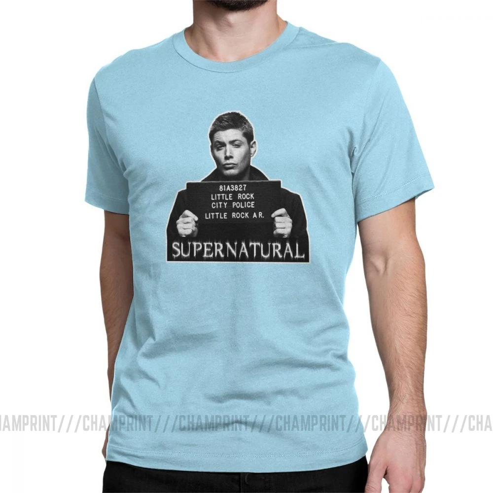 Dean Mugshot футболка Сверхъестественное SPN Brothers футболка мужские топы размера плюс забавная футболка с круглым вырезом из чистого хлопка - Цвет: Небесно-голубой
