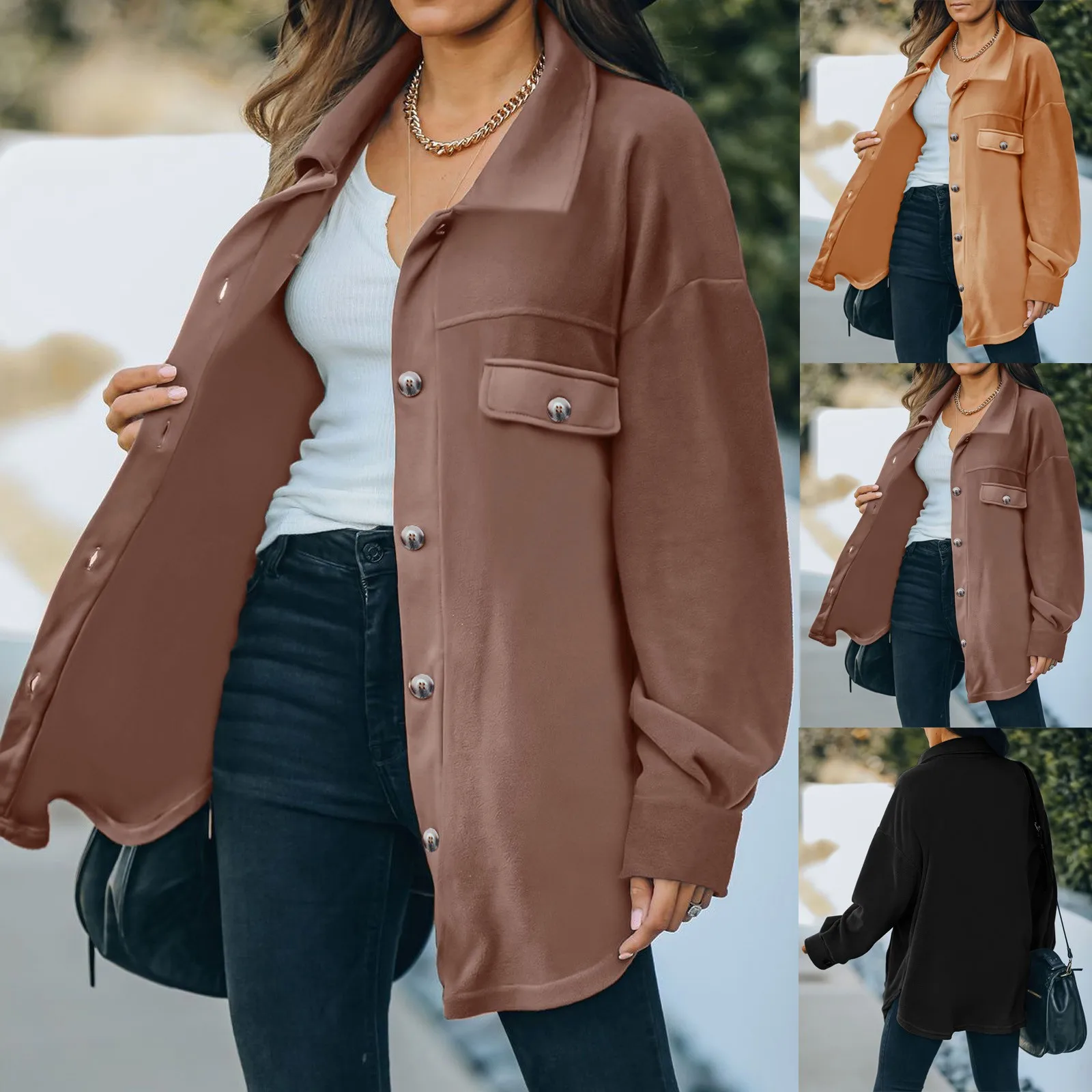 

Women Fashion Solid Jacket Zipper Pocket Button Long Sleeve Turndown Collar Single Breasted Windbreaker Female Coat