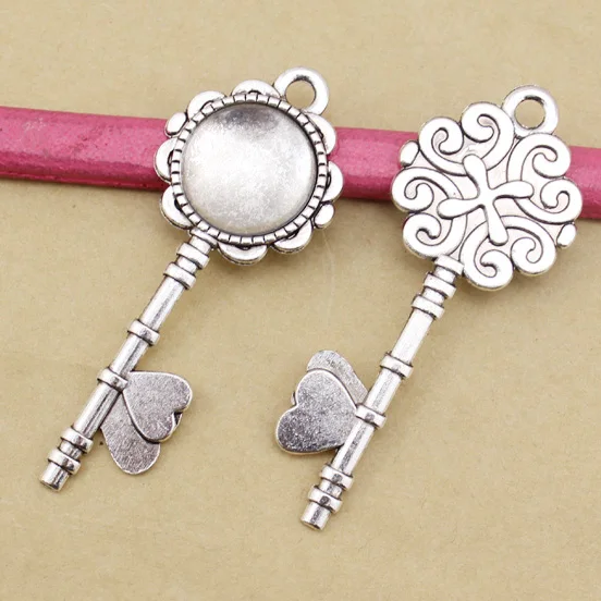 

10pcs Antique Silver Color Metal Round Blank Base Carved Heart Key Pendant fit 20mm Cabochon Cameo DIY Jewelry Making Findings