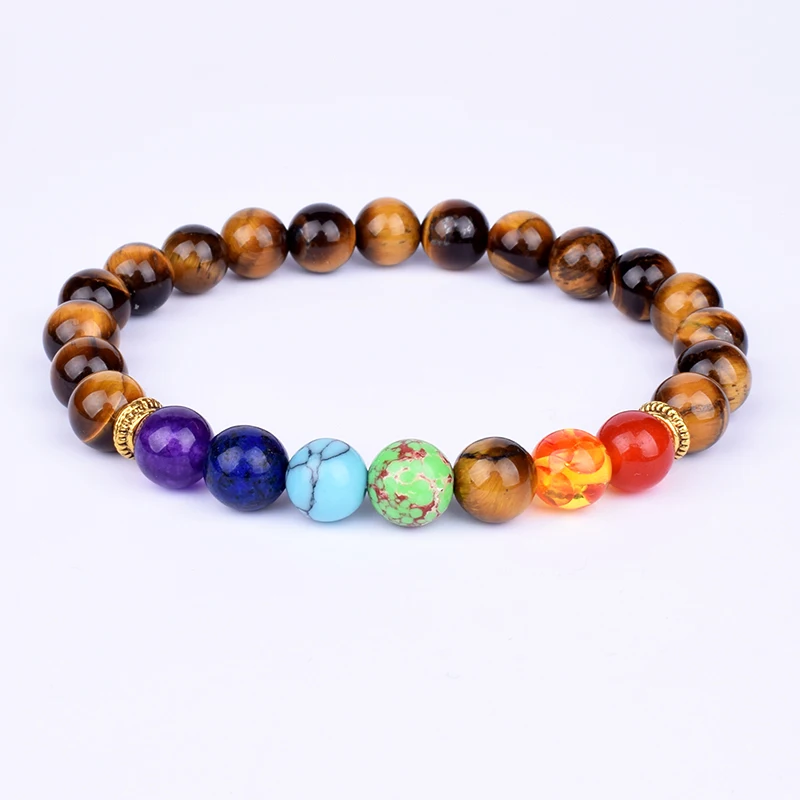 

Natural Stone Tiger Eye 7 Chakra Bracelets & Bangles Yoga Balance Beads Buddha Prayer Elastic Bracelet Men pulseira masculina